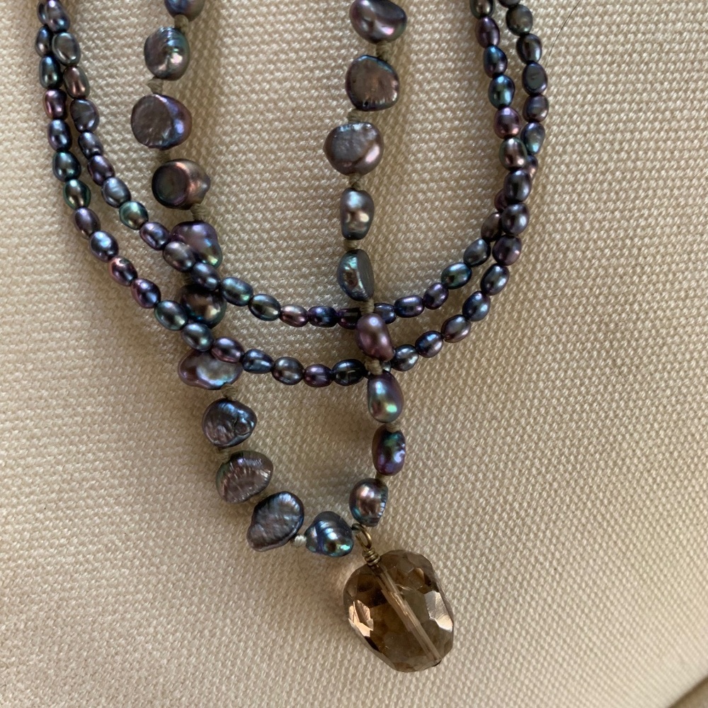 SOLD************Gray Freshwater Pearl Necklace Smoky Topaz Briolette Pendant
